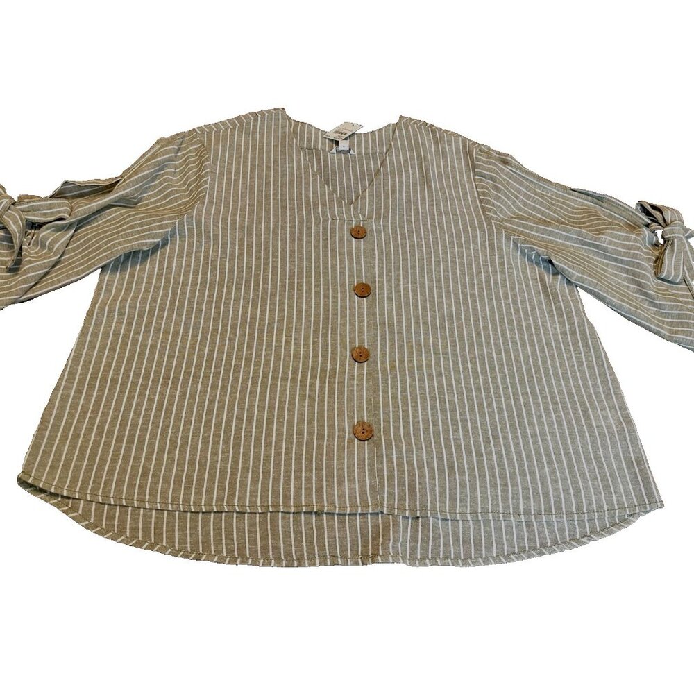 Cato Peasant Top Linen/Cotton Natural Boho Lagenlook 18/20W Olive Green Striped